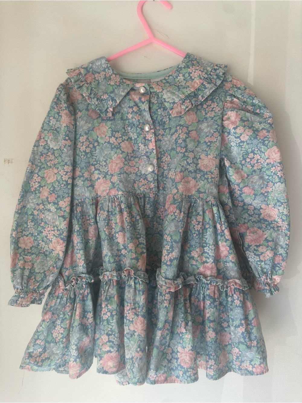 Kids vintage floral Tiered Long Sleeve Girls Dress in Mint & Pink